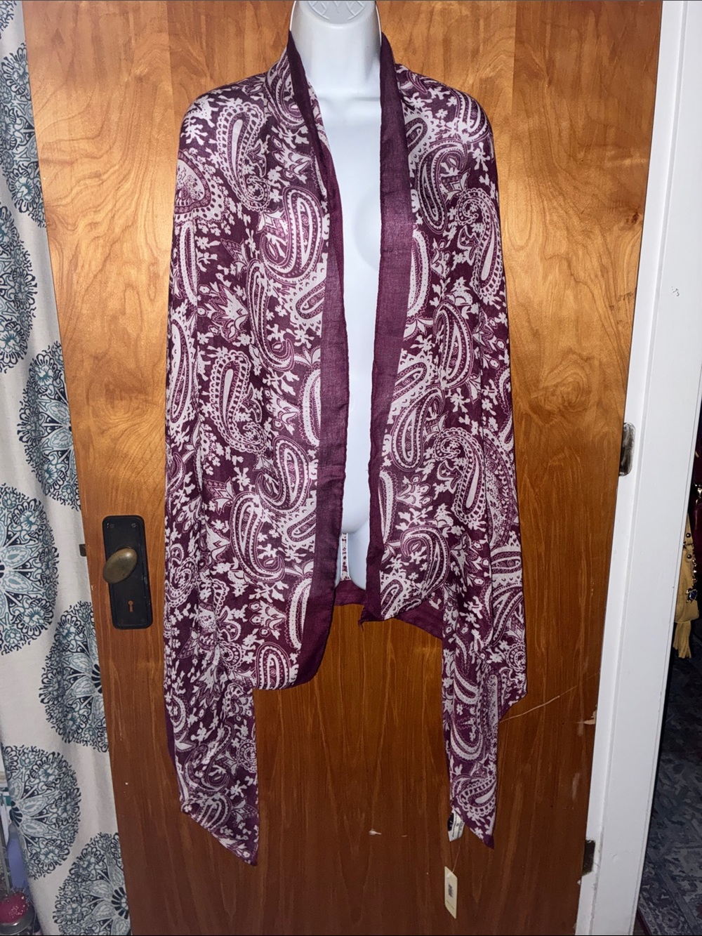 Simply Noelle Burgandy Maroon Red and White Paisley Shawl Scarf Wrap 37” X 70.5”